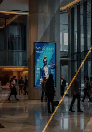 Digital signage in a corporate building lobby